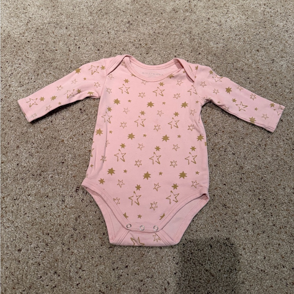 Wild Wawa Pink and Gold Star-Print Long Sleeve Bodysuit